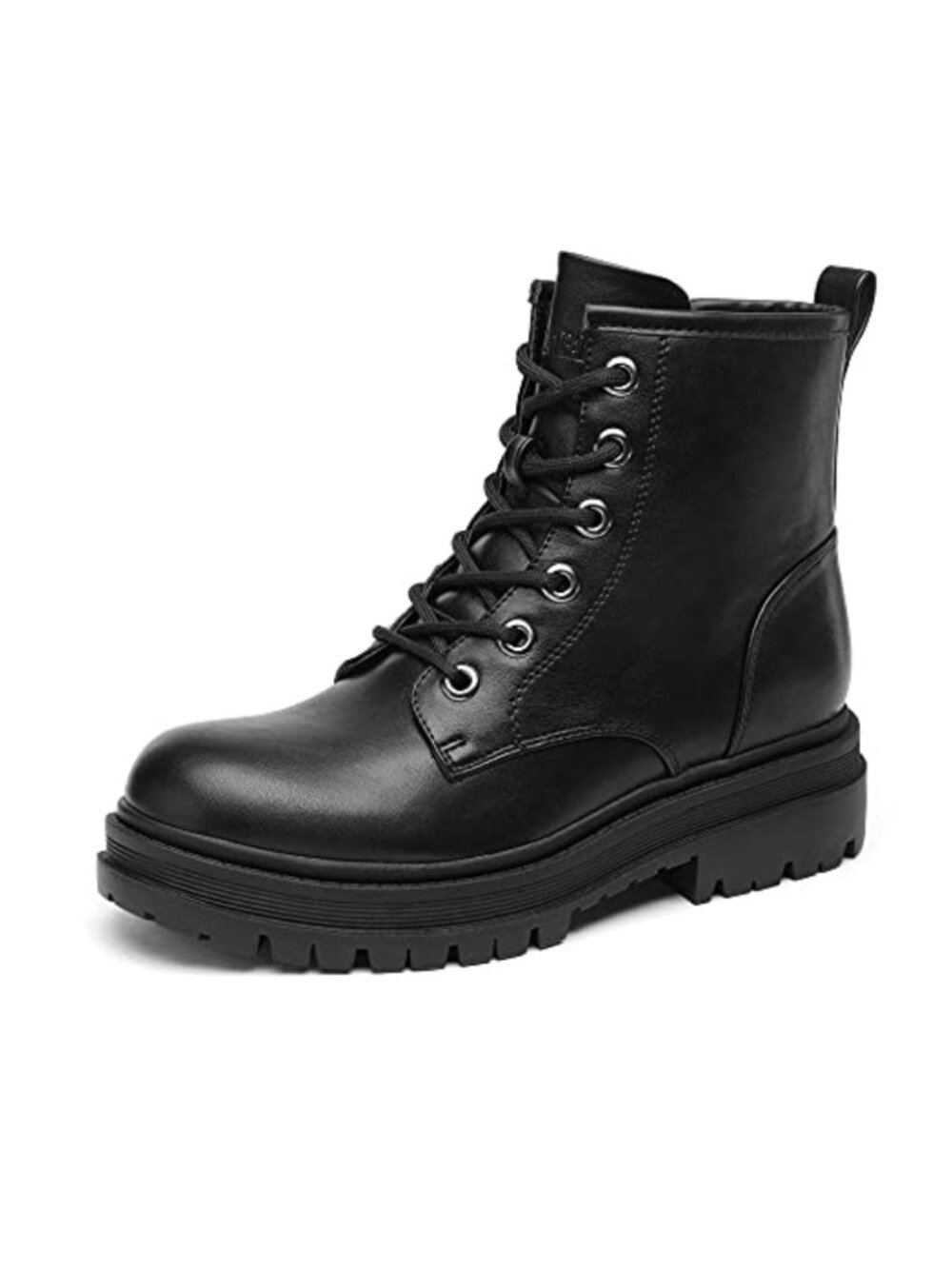 Lace-Up Combat Ankle Booties Faux Leather Side Zip Lug Sole